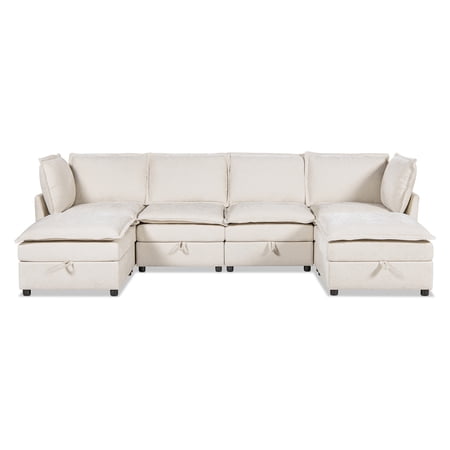Sadie 124" Modular U-Shaped Sectional Sofa-in-a-Box with Storage Beige Chenille