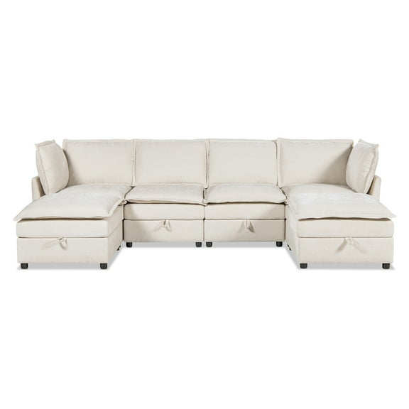 Jennifer Taylor Home Sadie 124" Modular U-Shaped Sectional Sofa-in-a-Box with Storage, Sandstone Light Beige Chenille