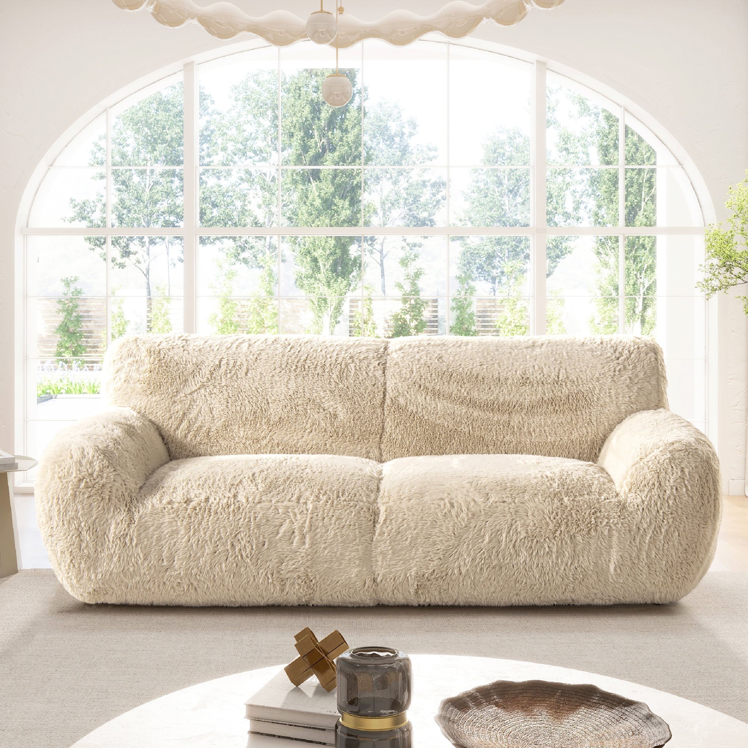 Summit 83" Cream Beige Faux Fur Sofa with Armrest