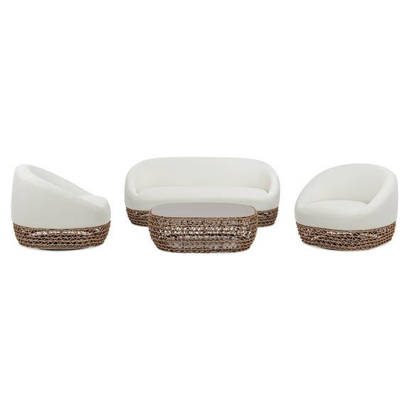 Jennifer Taylor Home Willow 4pc Upholstered Woven Patio Deep Seating Conversation Set, Golden Brown Wicker, Wheat Beige Axroma Olefin