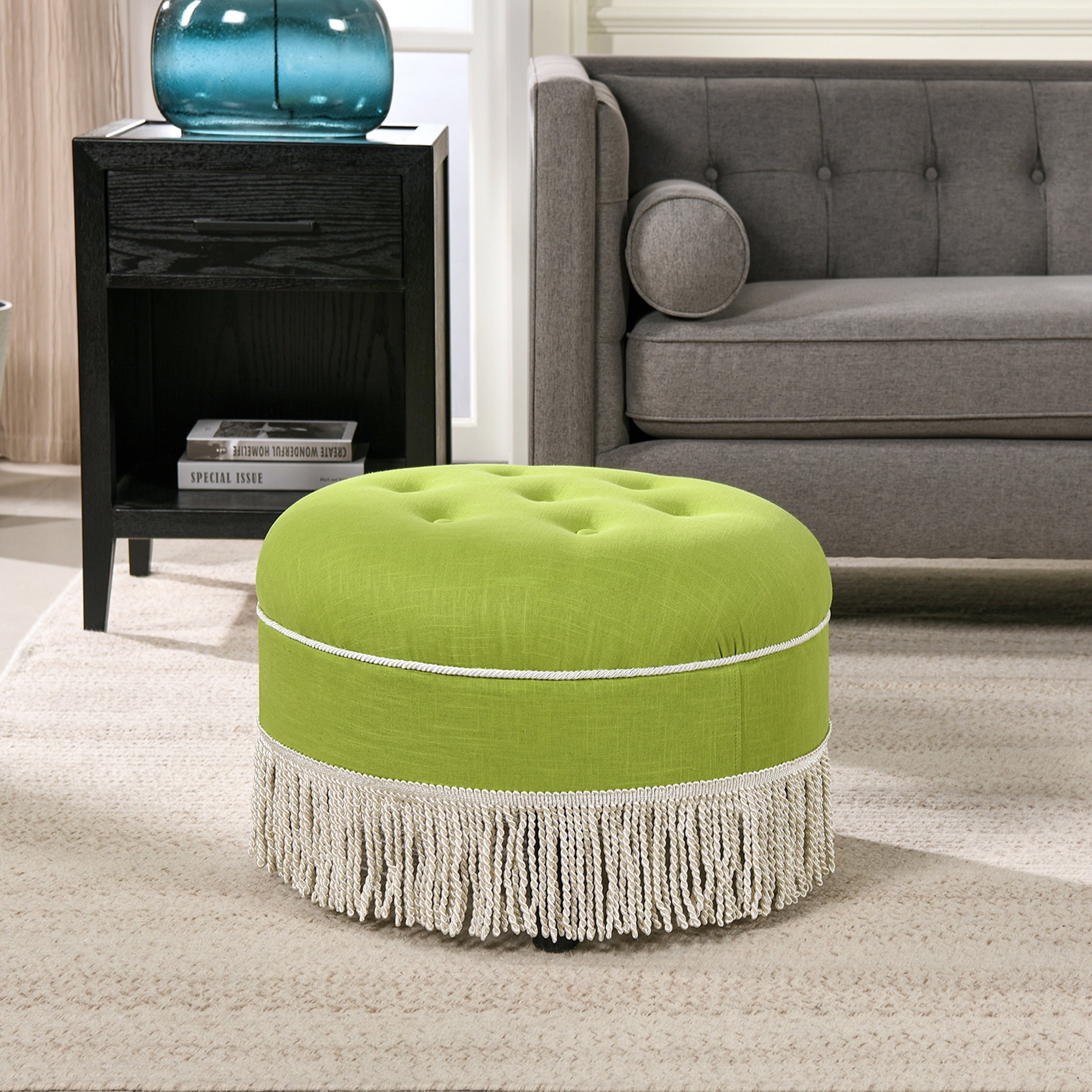 Bright Chartreuse Linen Cotton Blend Round Tufted Ottoman with Ivory Trim