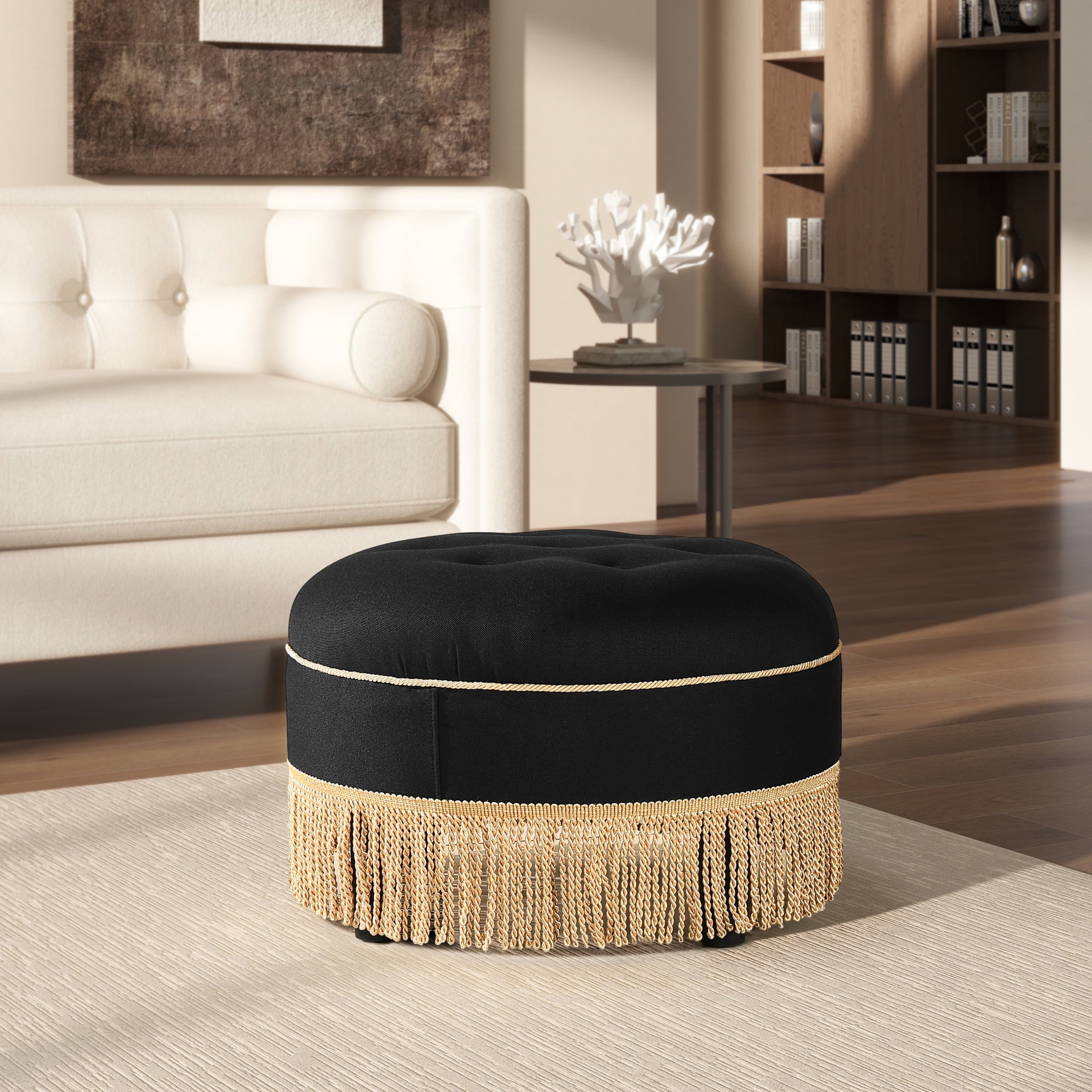 Jet Black Round Tufted Upholstered Ottoman with Fringe