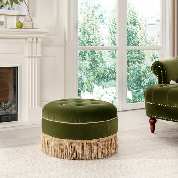 Jennifer Taylor Home Yolanda 24" Round Upholstered Accent Ottoman, Olive Green Performance Velvet