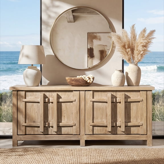 Jennifer Taylor Rowan 91" Reclaimed Pine 4-Door Sideboard - Natural Wood Finish, Crossbar Design, Living & Dining Storage