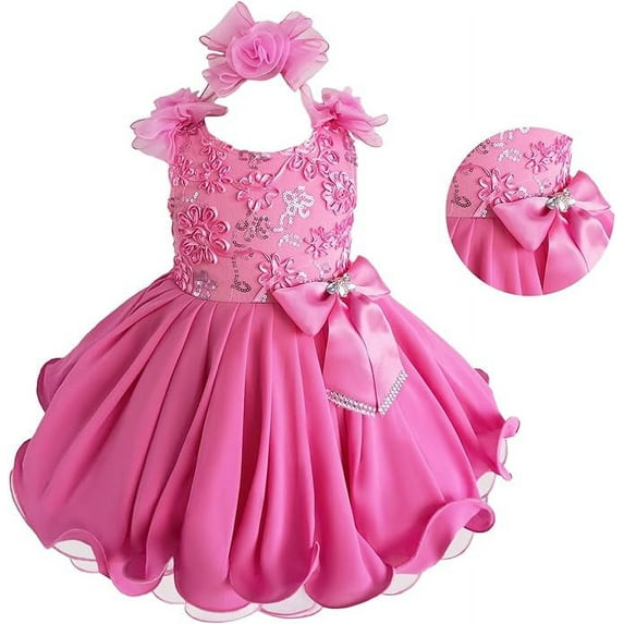 Jenniferwu Newborn Little Girl's Pageant Party Birthday Dress Sequins lace Fabric Dress G190-2 Deep Pink 18-24M