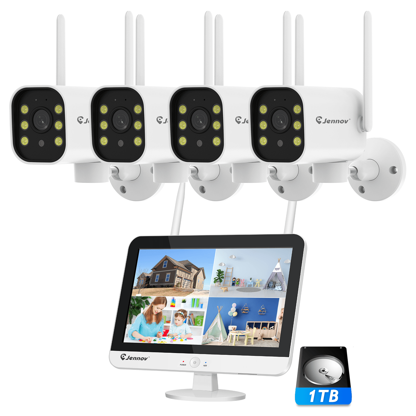 Jennov 5MP Security Camera System,180Remote Pan,Color Night Vision IP66 Waterproof Motion Alert 12'' Monitor 4PCS Cameras with 1TB NVR Kit
