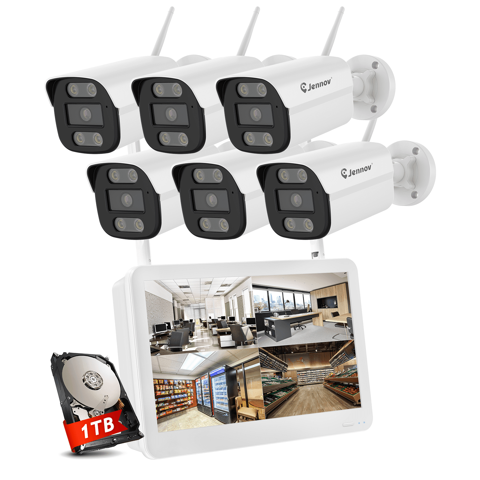 Jennov H.265+ Wireless Security Cameras System, Night Vision IP66 Waterproof Outdoor/Indoor Human Detection，Work with Alxea, 6 Cameras 12" Montior NVR 1TB Kit