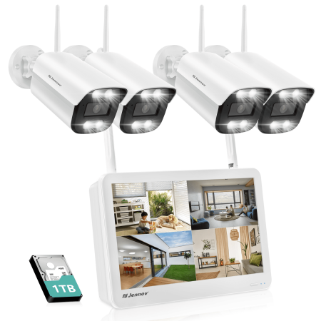 Jennov Security Camera System with 12" Monitor, 1TB Hard Drive, 10 Channel NVR, 4Pcs Wireless Wi-Fi with Audio Recording Waterproof Night Vision Home Security Camera