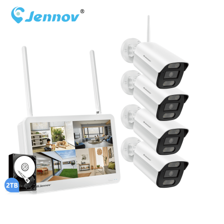 Jennov Security Camera System with 12'' Monitor, 2TB Hard Drive, 10 Channel NVR, 4Pcs Wireless Wi-Fi with Audio Recording Waterproof Night Vision Home Security Camera