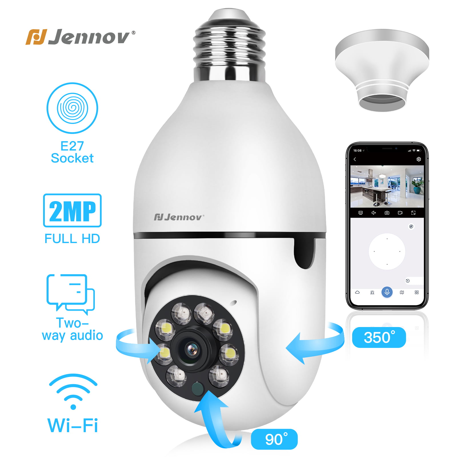 Jennov WiFi Light Bulb Camera, 1080P 2MP E27 Wireless Security