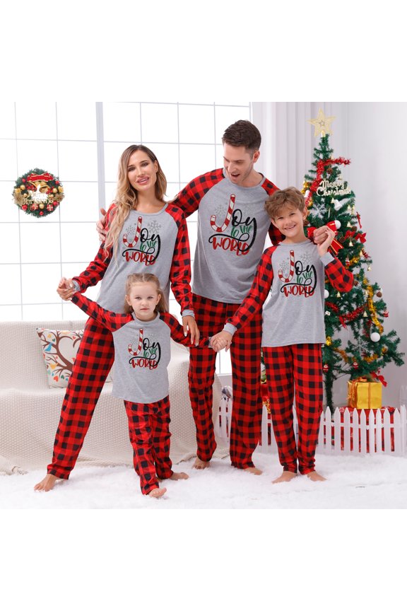 Jenny Christmas Matching Family With Joy To The World, Gray Buffalo Plaid, Size NB - Adult 6XL Including Pets