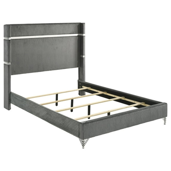 Jenny King Size Bed, Wingback Fluted Upholstered Headboard, Gray