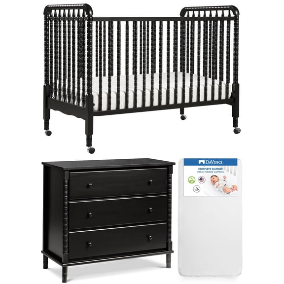 Jenny Lind 3 in 1 Convertible Crib with 3 Drawer Dresser in Ebony and Free Hypoallergenic Universal Fit 6 inch Ultra Firm Deluxe Crib Mattress