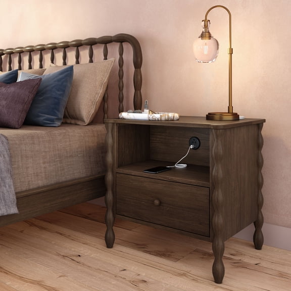 Jenny Lind Cubby Nightstand with 1 Drawer & Electrical Outlet, Walnut