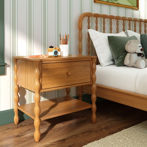Jenny Lind Nightstand with 1 Drawer and Bottom Shelf, Pecan