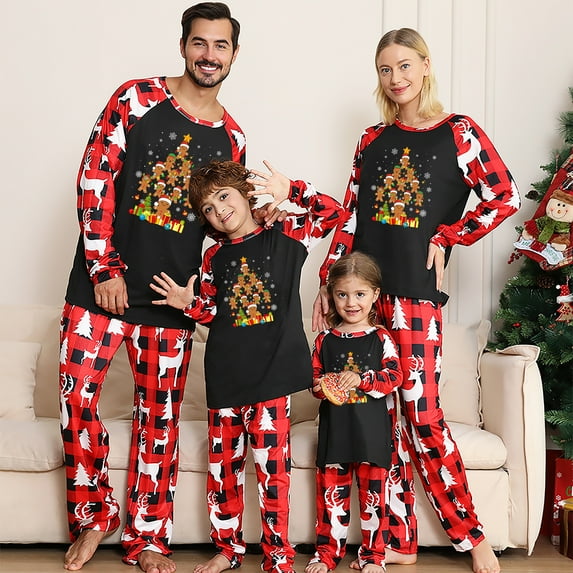 Jenny Matching Family Christmas Pajamas, Gingerbread Christmas Tree Print, Two-piece Set, Festive Red Plaid Holiday Sleepwear