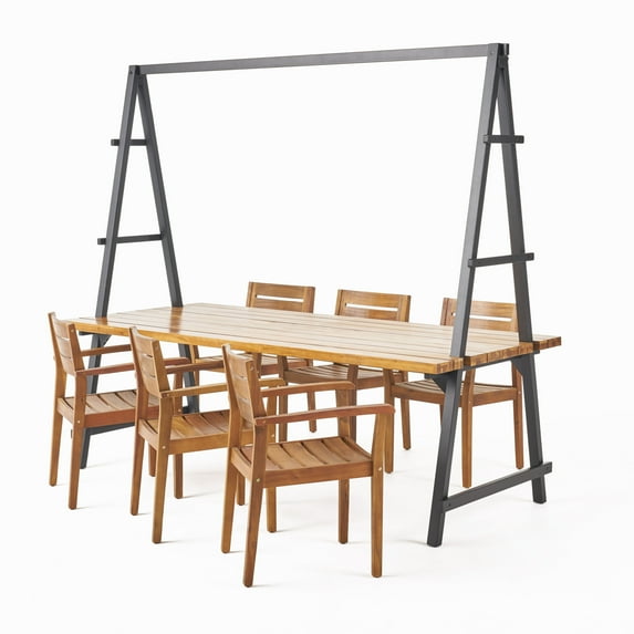 Jenny Outdoor 6 Seater Acacia Wood and Iron Planter Dining Set, Teak and Black