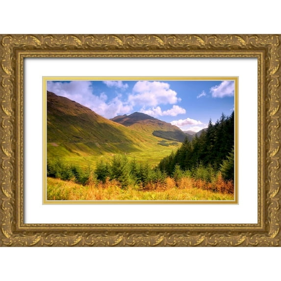 Jenny Rainbow Fine Art 14x10 Gold Ornate Wood Framed with Double Matting Museum Art Print Titled - Peaceful Sunny Day in Scotland Mountains