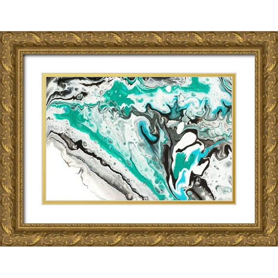 Jenny Rainbow Fine Art 14x11 Gold Ornate Wood Framed with Double Matting Museum Art Print Titled - Fluid Acrylic On Emerald Waves