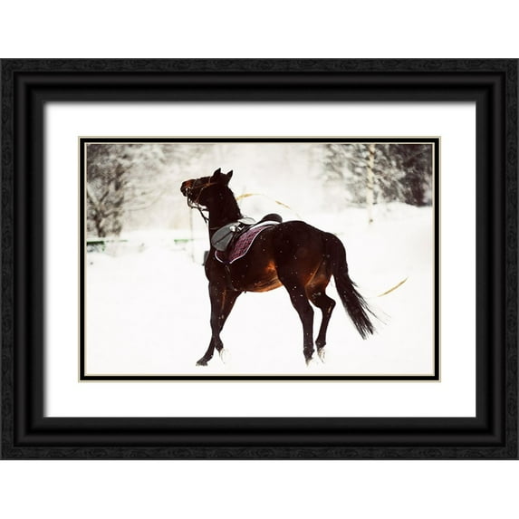 Jenny Rainbow Fine Art 24x17 Black Ornate Wood Framed with Double Matting Museum Art Print Titled - Race in the Snow