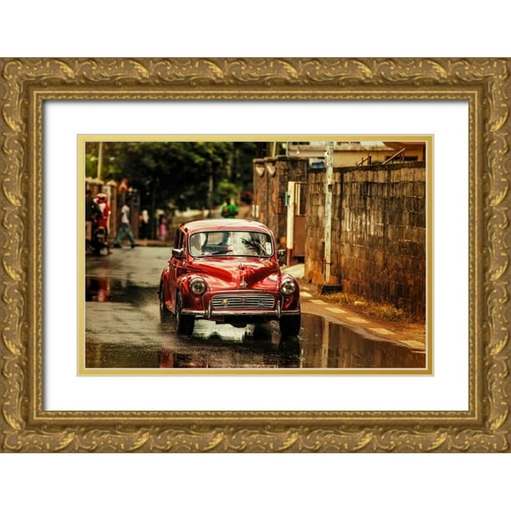 Jenny Rainbow Fine Art 32x23 Gold Ornate Wood Framed with Double Matting Museum Art Print Titled - Red Retromobile Morris Minor