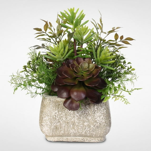 Jenny Silks Artificial Succulent Arrangement in a Stone Pot - Green