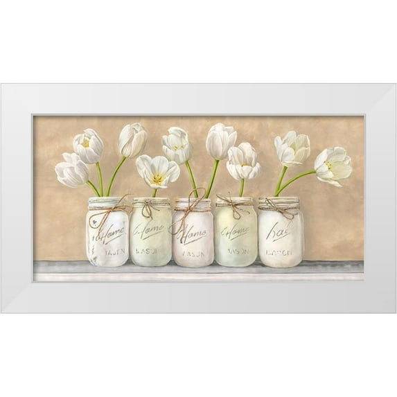 Jenny, Thomlinson 14x9 White Modern Wood Framed Museum Art Print Titled - White Tulips in Mason Jars