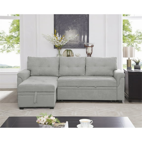 L-Shaped Sectional Sofa with Pull-Out Bed - Compact L-Shaped Couch for Living Room, Velvet, Gray