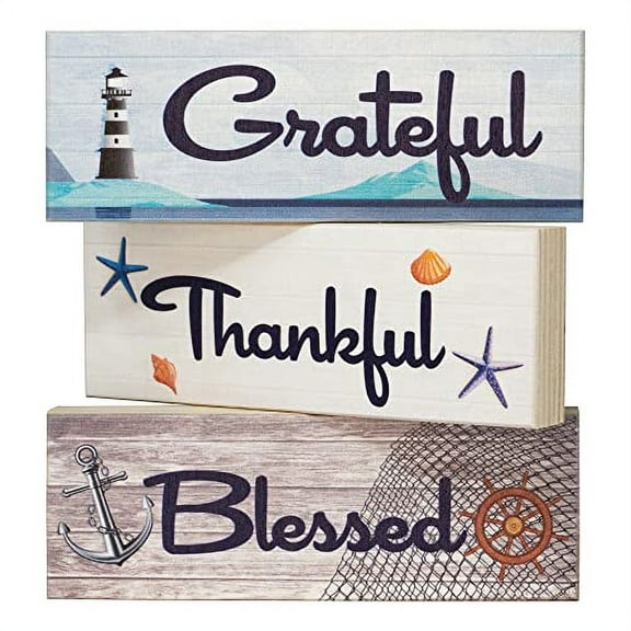 JennyGems Coastal Farmhouse Thankful Grateful Blessed Signs, Tiered Tray Decor 3 Mini Wood Block Signs, Beach House Decor, Beach Signs, Inspirational Quotes Friendship Gifts, Farmhouse Home Decor