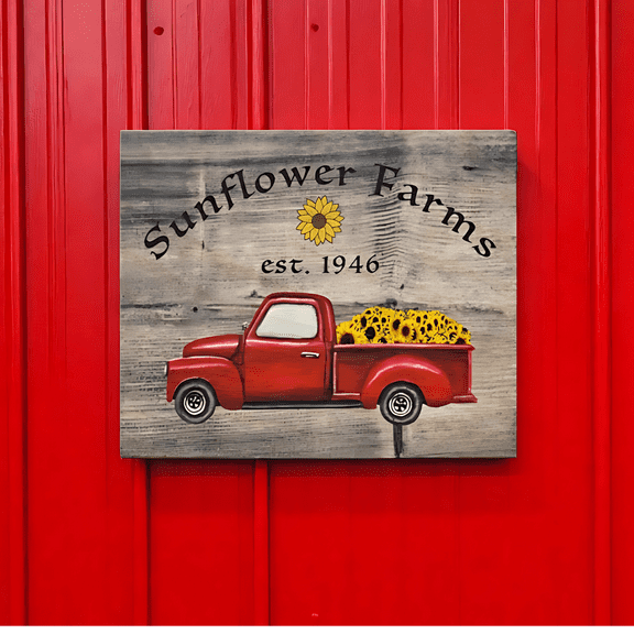 Farmhouse Red Truck Sunflower Sign – Rustic Country Wall Decor, Vintage Farmhouse Kitchen Sign, Small Wooden Wall Hanging