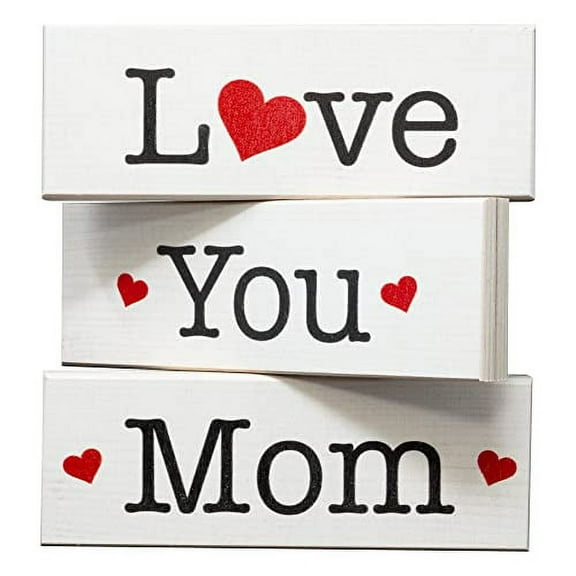 JennyGems Gifts for Mom, Love You Mom 3 Piece Wooden Block Set, Mom Gifts, Farmhouse Tiered Tray Decor, Made in USA