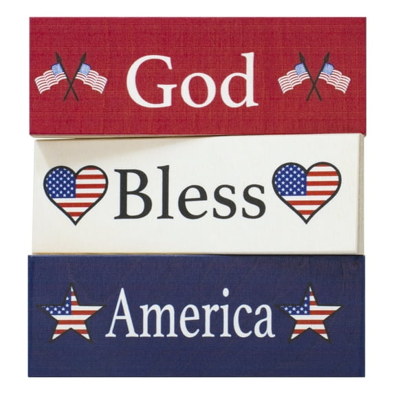JennyGems God Bless America Signs, Wood Block 3pc Set, Patriotic American Decorations, USA Tiered Tray Decor, Patriotic Decor, Made in USA