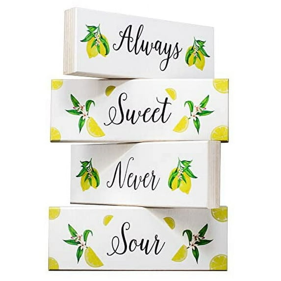 JennyGems Lemon Decor, Lemon Themed Signs, Always Sweet Never Sour, 4pc Mini Wood Block Set, Lemon Kitchen Decor, Tiered Tray Decor