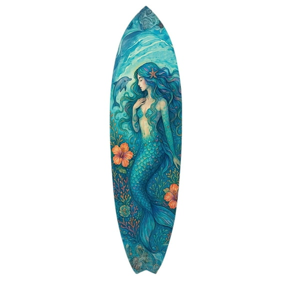 JennyGems Mermaid Decorative Surfboard Sign – Indoor Outdoor Coastal Wall Art, Beach Mermaid Décor, Ocean Lover Gift, Tropical PVC Surfboard Art, Nautical Home Décor, Made in USA, 2 Foot