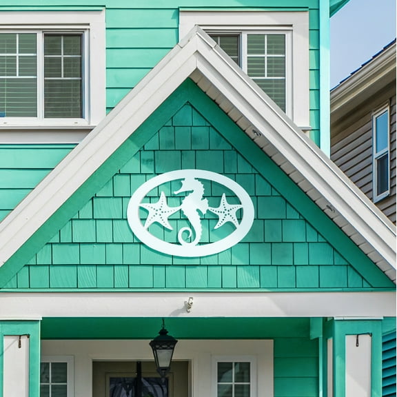 Outdoor Seahorse and Starfish Wall Art – Oval Beach House Decoration, Weatherproof PVC – Coastal Decor for Porch, Shed, Pool Area or Fence, 18 Inch