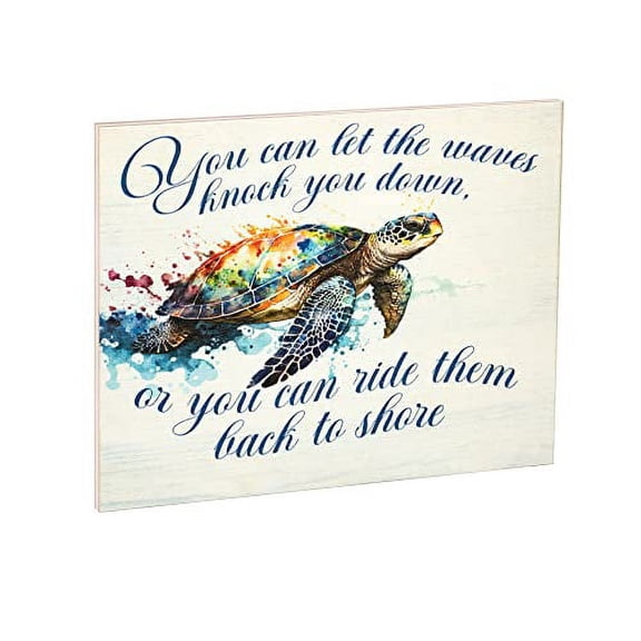 JennyGems Sea Turtle Decor, Waves Knock You Down or Ride Them Back To Shore Wooden Sign, Ocean Theme Wall Art, Motivational Quote, Made in USA