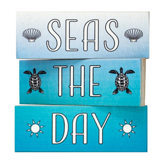 JennyGems Seas the Day Mini Wood Block Sign, Set Of 3, Inspirational Beach Signs, Beach Decor, Coastal Decor, Tiered Tray Decor, Made in USA