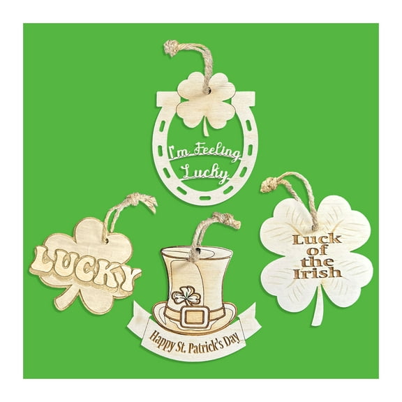 JennyGems St. Patrick's Day Wooden Ornament Bundle, Set of 4 Unfinished Ornaments for DIY Crafts, Irish Decor and Gifts, Made in USA
