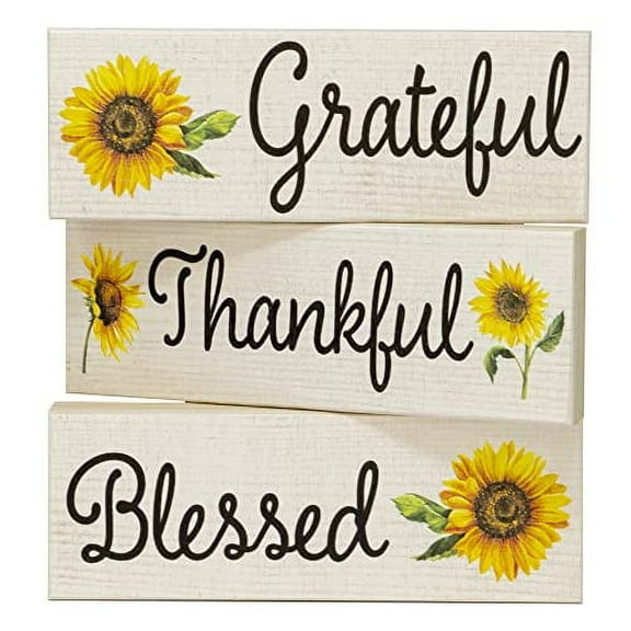 Jennygems Sunflower Wooden Block Signs, Grateful Thankful Blessed Set, Farmhouse Tray Decor, Fall Gifts