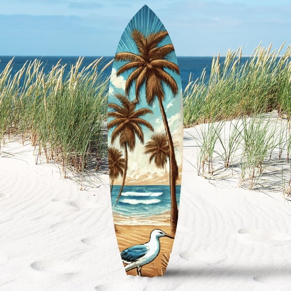 Surfboard Shore Birds and Palm Tree - Sandpiper Water Color Art