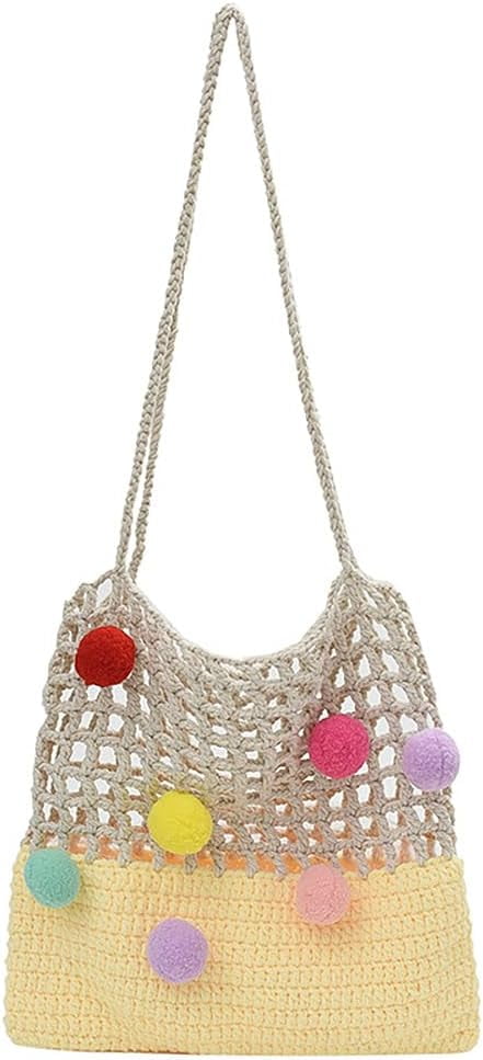 JennyShop Crochet Openwork Tote Bag for Women, Hot Sale Knitted Shoulder Bag Patchwork Color Clashing Handbag