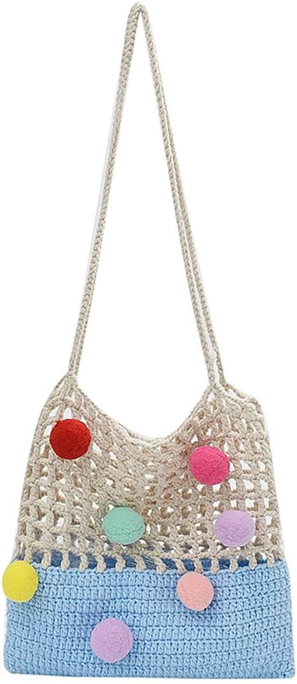 JennyShop Crochet Openwork Tote Bag for Women, Hot Sale Knitted Shoulder Bag Patchwork Color Clashing Handbag