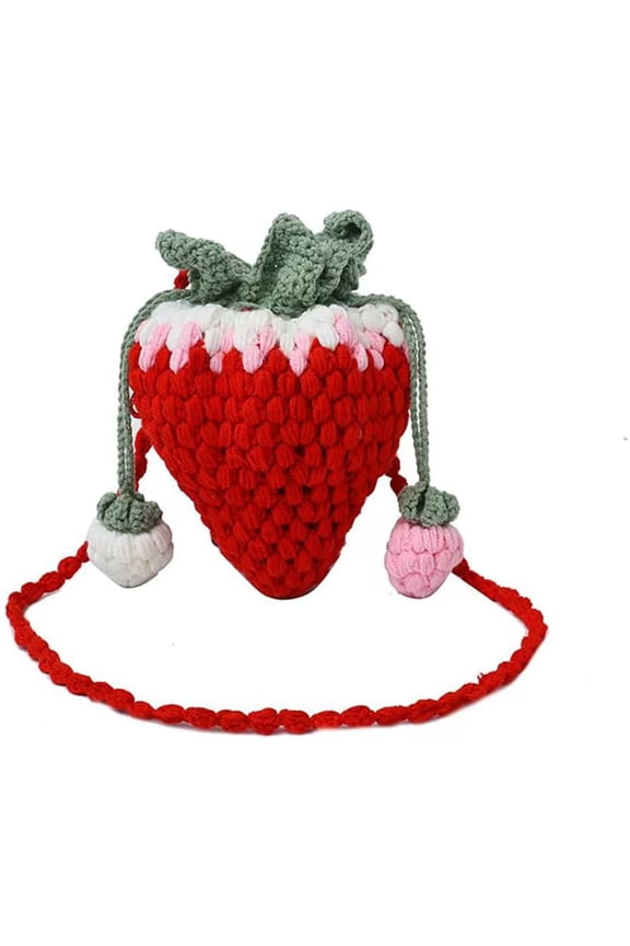 JennyShop Crossbody Bag with Drawstring, Hot Sale Handmade Knitted Women Bag, Wool Woven Purse Strawberry Shaped Shoulder Bag
