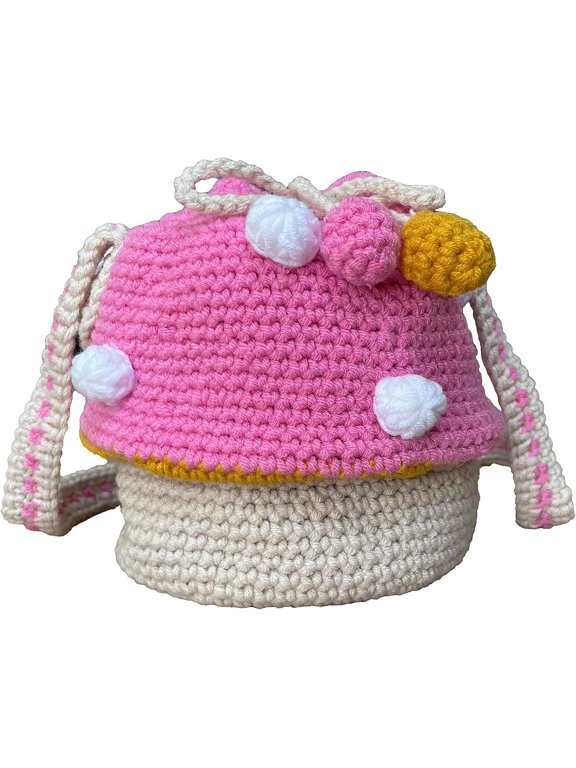 JennyShop Crossbody Bucket Bag with Drawstring, Quality Handmade Knitted Bag Wool Knitted Mushroom Shoulder Bag for Women