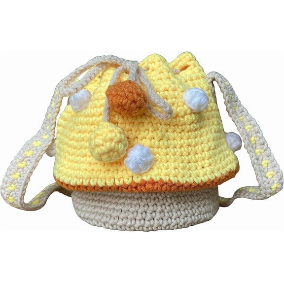 JennyShop  Crossbody Bucket Bag with Drawstring, Quality Handmade Knitted Bag Wool Knitted Mushroom Shoulder Bag for Women