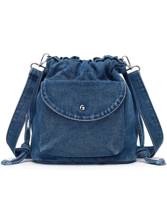 JennyShop Drawstring Lightweight Phone Purse Handbags, Fashion Small Denim Shoulder Crossbody Bag, Pretty Canvas Bucket Tote Bag
