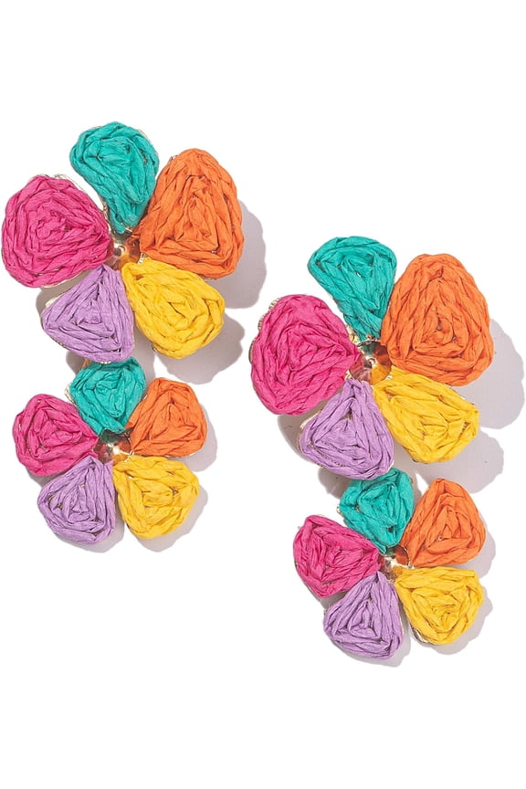 JennyShop Flower Drop Earrings Floral Raffia Earrings Statement Dangle Earrings Trendy Cute Summer Jewelry for Women