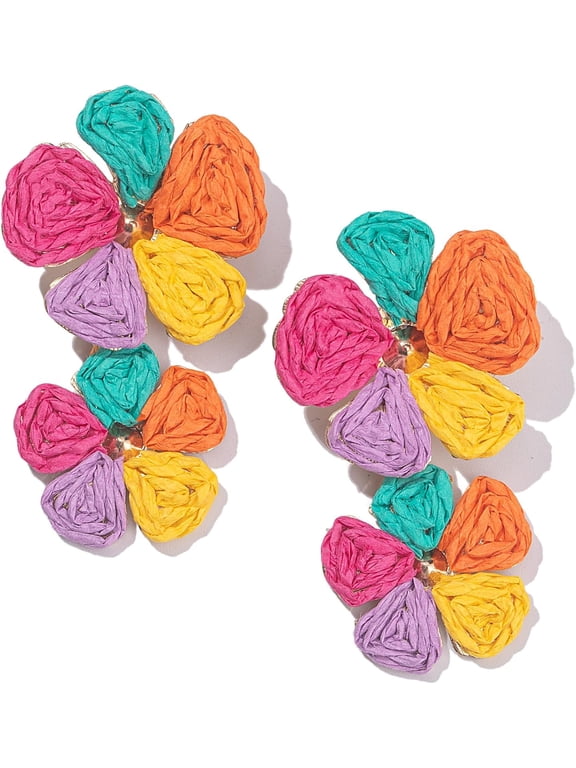 JennyShop Flower Drop Earrings Floral Raffia Earrings Statement Dangle Earrings Trendy Cute Summer Jewelry for Women