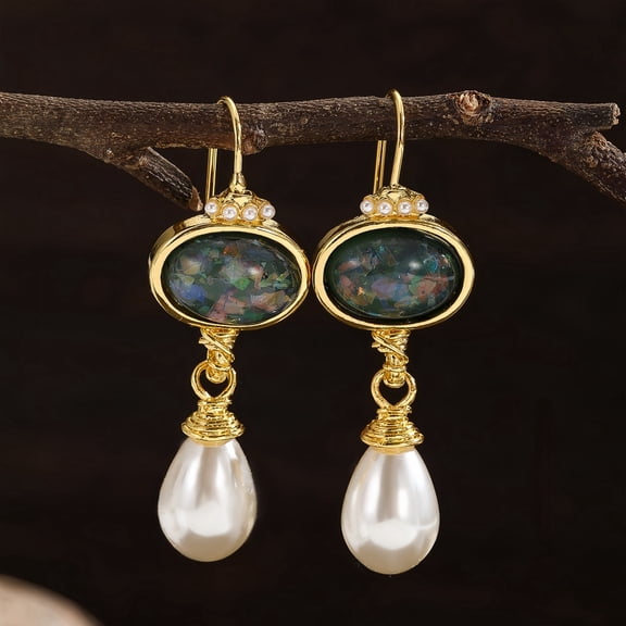 JennyShop Gorgeous Round Geometry Black Stone Earrings for Women Gold Color Imitation Pearl Party Dangle Earrings Jewelry