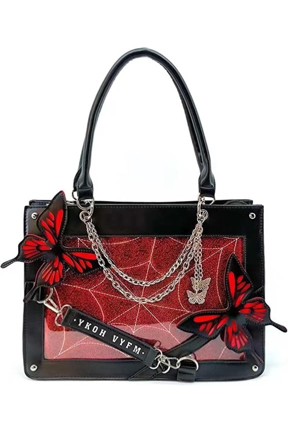 JennyShop Gothic Spider Web Black Series Leather Bag, Fashion Butterfly Handbag, Large Capacity Square Handbag